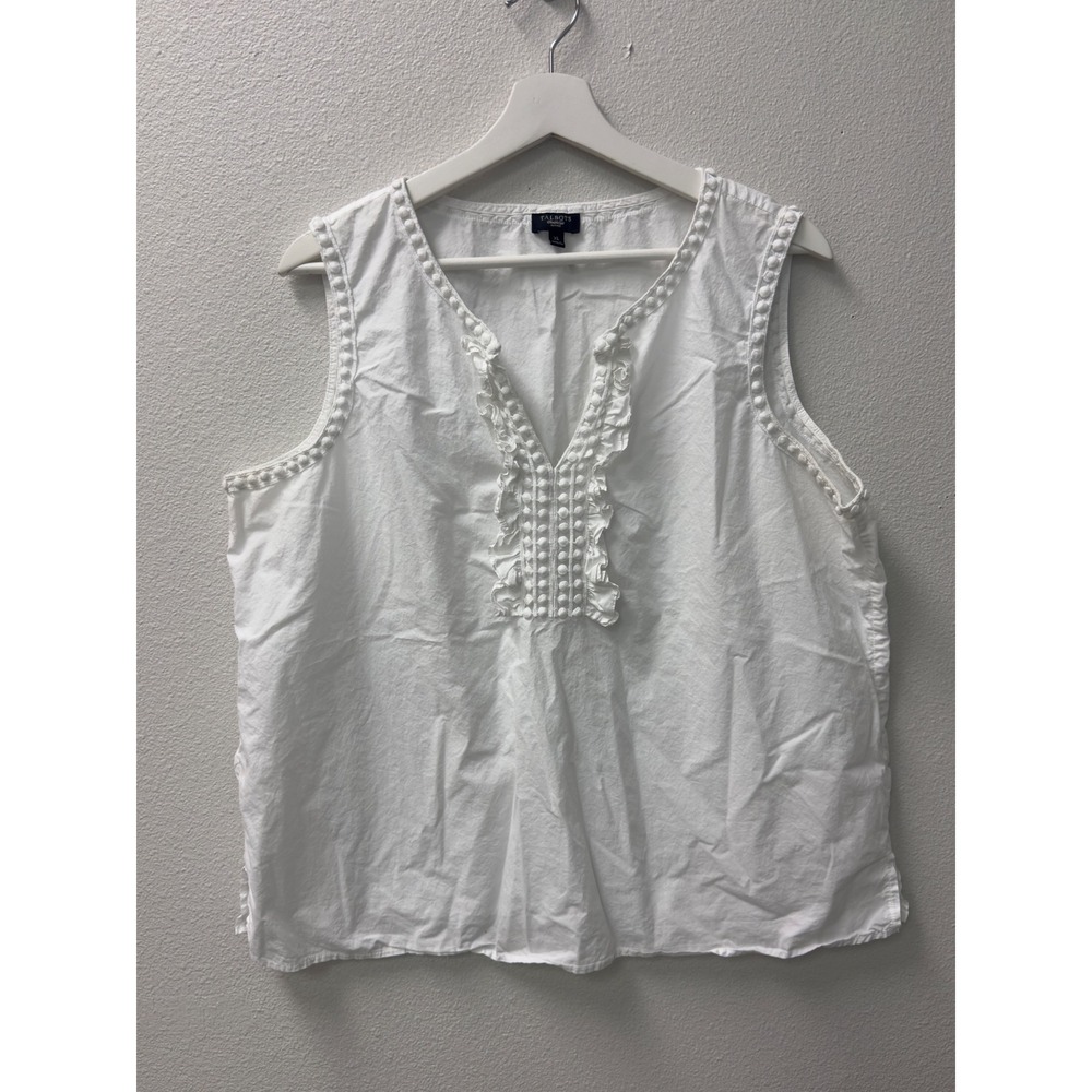 Talbots Blouse Womens XL Petites White Ruffle Pom Pom Cotton Tank Top Coastal